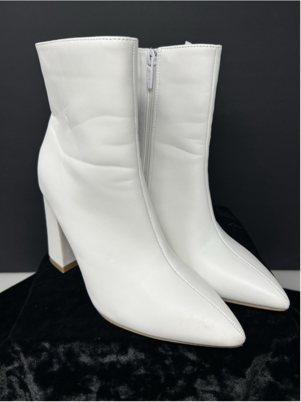 White Pointed Toe Ankle Bootie Zip Closure Block Heel US 6 EU 36 Sheln Shein